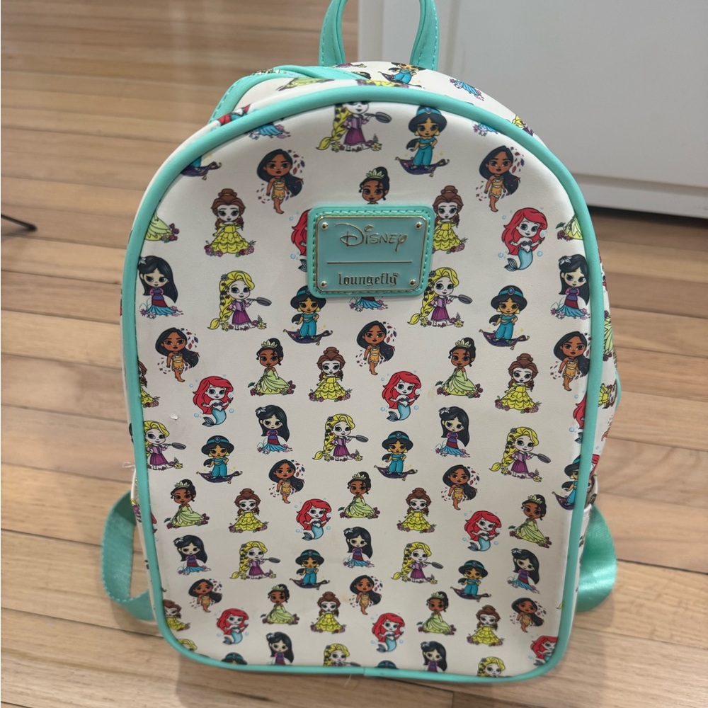 Loungefly White Mini Backpack with Mint Trim and Multicolor Princess Print
